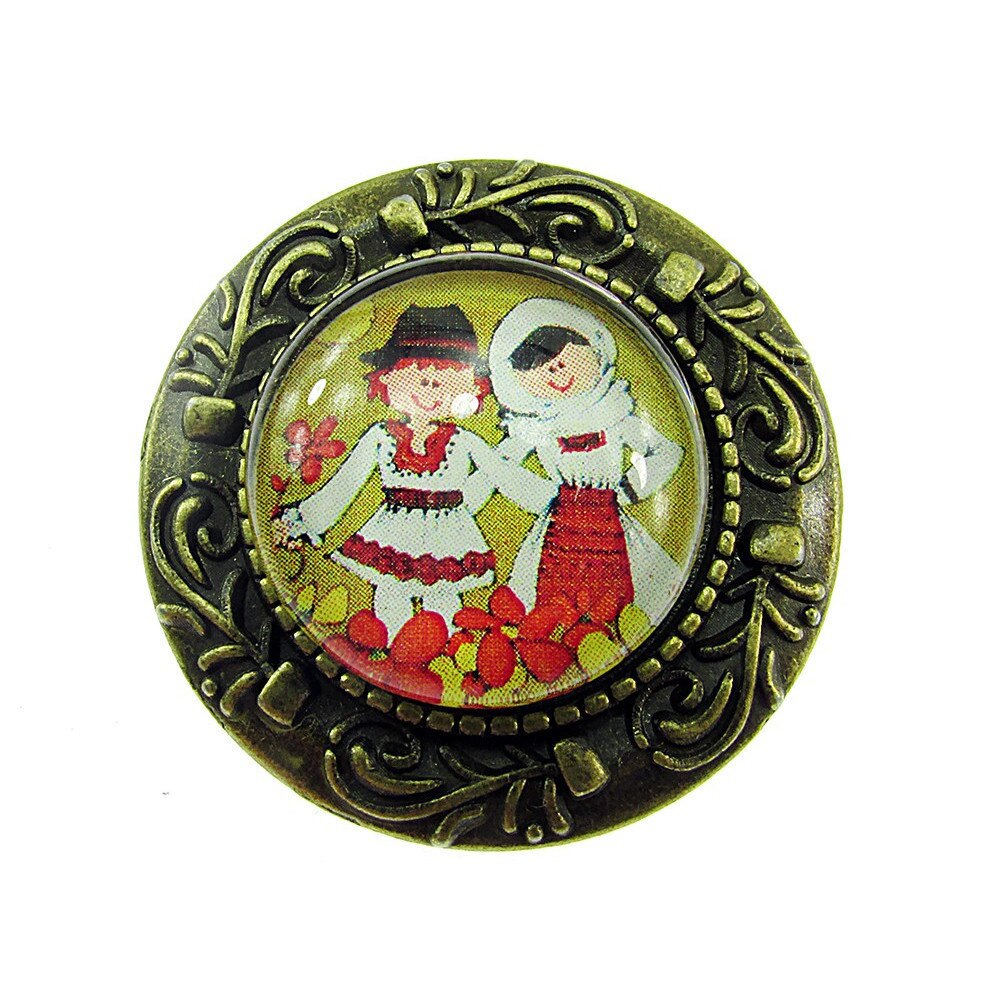 Brosa bronz antic cu port popular, GlamBazaar, 3.3 cm, cu Fara pietre, Rosu, Galben, tip Brosa handmade