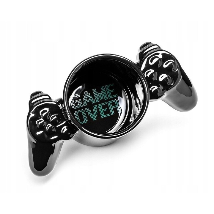Cana Gamer, Portelan, Inscriptie Game Over Pe Fund, Se Spala Doar Cu Mana, Idee Perfecta De Cadou, Nu Se Foloseste La Cuptorul Cu Microunde, 8.2 cm x 9.7 cm x 18.3 cm, Negru