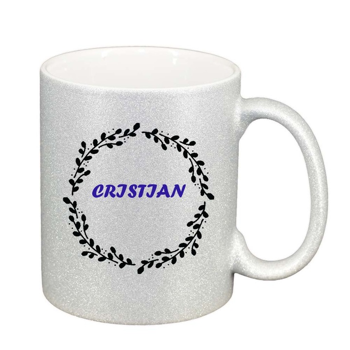 Bögre "Name", ezüst gyöngy csillogó, 330ml, D1079