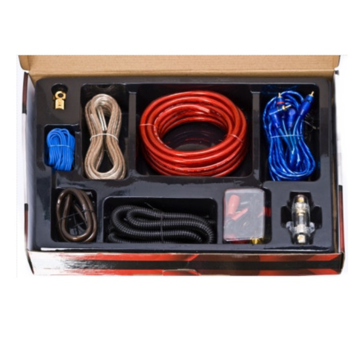 Set 33 piese cabluri auto HI-FI - 1x cablu de putere 4GA, 6m; 1x cablu de putere 4GA 1,2m; 1x cablu de legatura Dual RCA 5m; 1x cablu de difuzoare, 1x Split Loom Tubing 1.8m; 1x 80A siguranta
