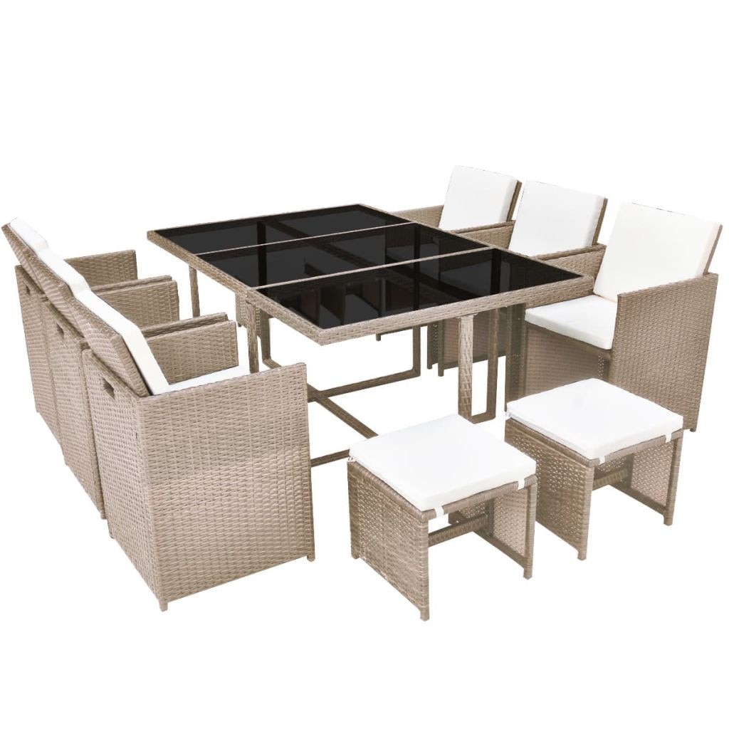 Set mobilier de gradina cu 27 piese, masa cu fotolii si perne, vidaXL, Poliratan, Bej