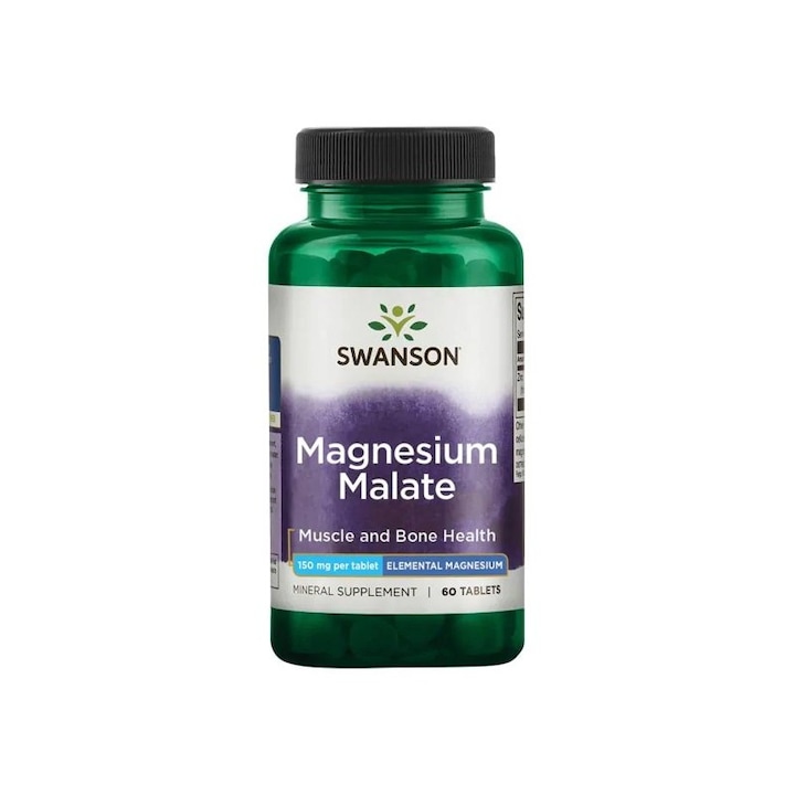 Swanson Magneziu Malat (150 Element) 60 Tablete, sustine sistemulu nervos, ajuta la formarea oaselor si a dintilor, relaxare musculara, sanatate inima, absorbtie calciu si minerale