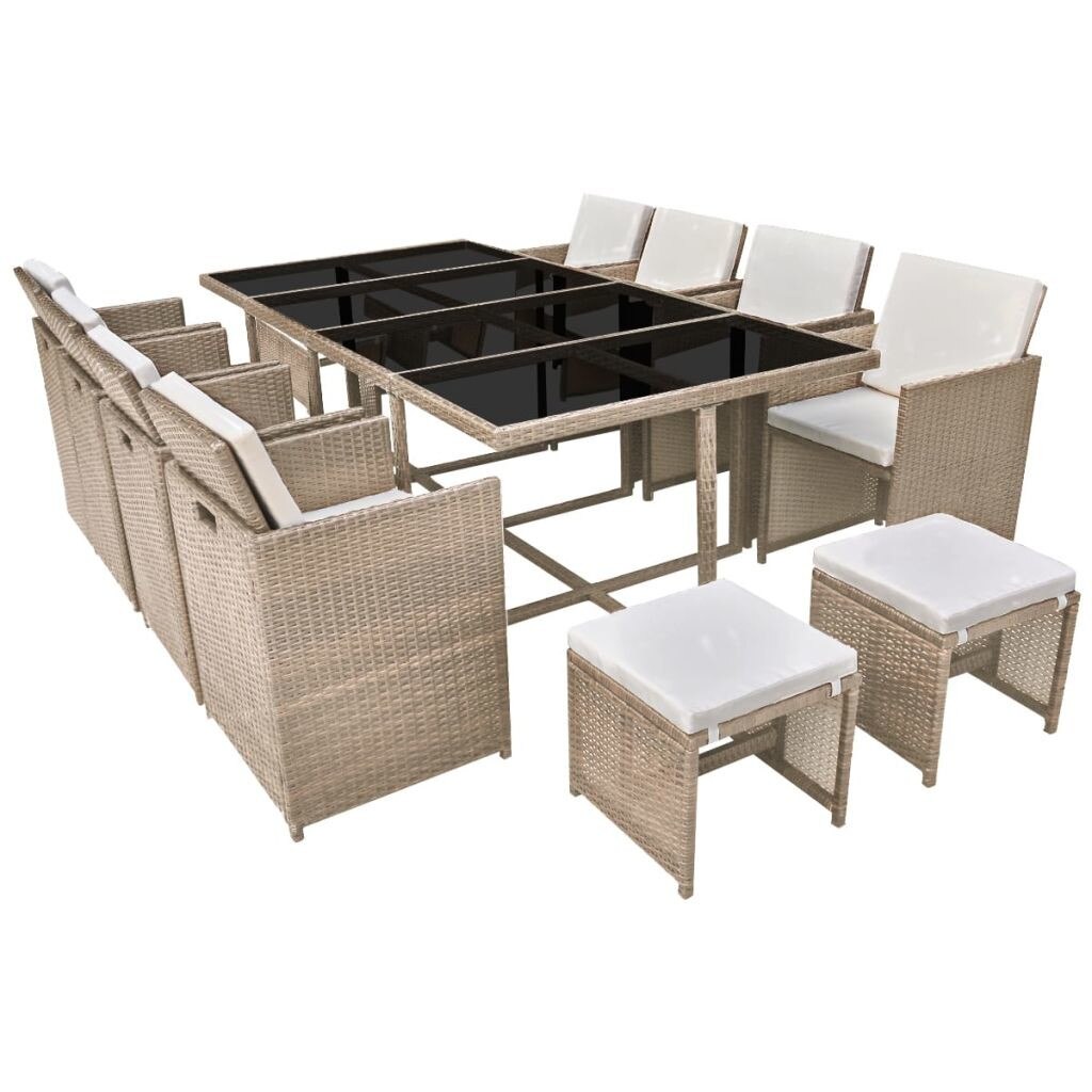 Set mobilier de gradina cu 33 piese, masa cu fotolii si perne, vidaXL, Poliratan, Bej