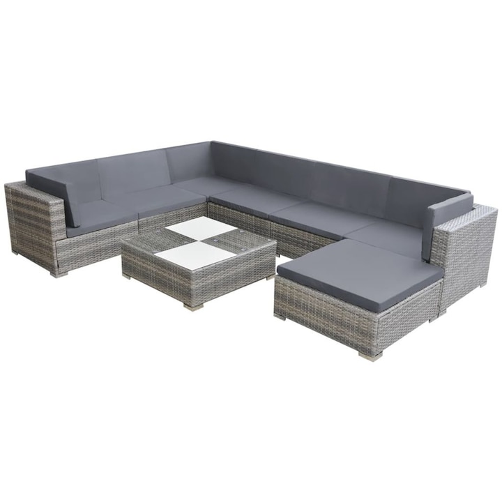 Set mobilier de gradina cu 8 piese, canapea, taburet si masa, vidaXL, Poliratan, Gri