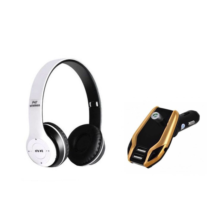 Audio fejhallgató, P47, vezeték nélküli, Bluetooth, fehér + FM modulátor, digitális kijelzővel - X8 PLUS