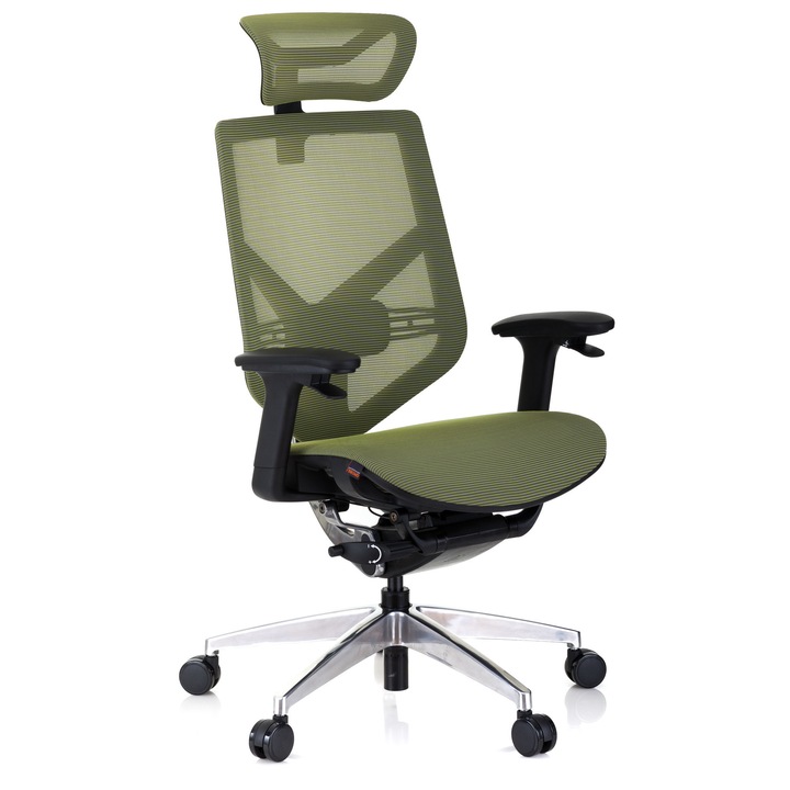 Scaun ergonomic QMOBILI Tender Form HI Lime, mesh 3D, mecanism Double Wire, suport lombar, brate 2D paddle control, tetiera 2D, baza Aluminiu
