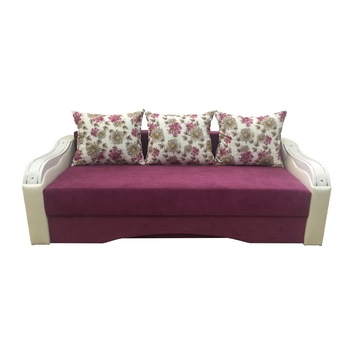 Canapea fixa Eco Ornament, MobAmbient, Roz, material textil si piele ecologica, extensie din plasa de arcuri tip relaxa, cu lada de depozitare, 3 perne mari incluse, 220 x 140 cm