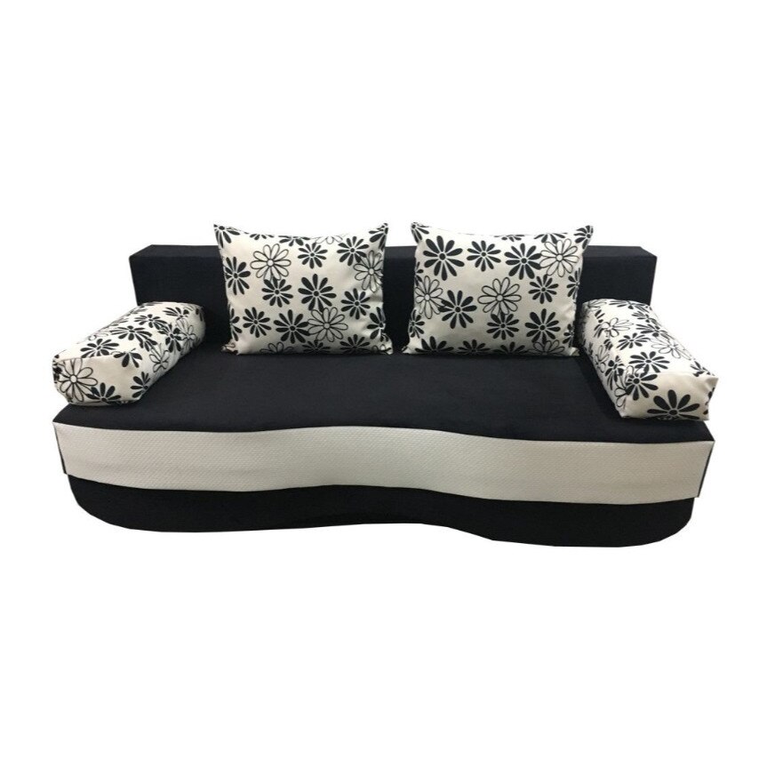 Canapea fixa Roxy, MobAmbient, Negru, stofa si piele ecologica, 2 perne si 2 cotiere incluse, 200 x 100 cm