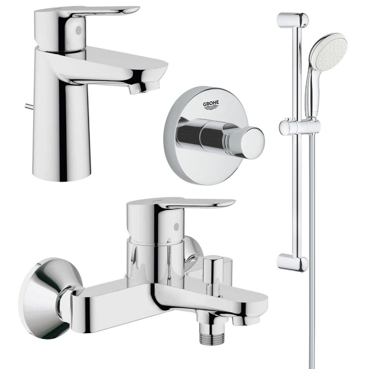 Pachet complet baterii baie Grohe Bau Edge marimea S plus agatatoare baie Essentials