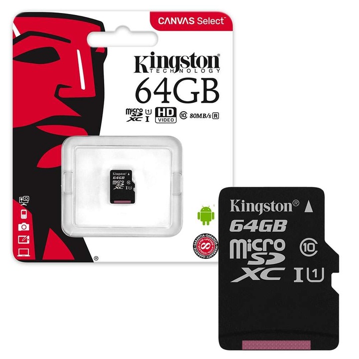 Карта с памет Kingston MicroSDXC, 64GB, Class 10, 80R, Canvas Select
