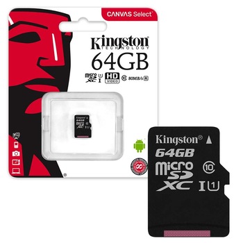 Card de memorie Kingston MicroSDXC, 64GB, Class 10, 80R, Canvas Select Card de memorie Kingston MicroSDXC, 64GB, Class 10, 80R, Canvas Select