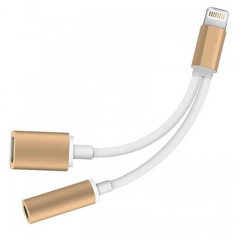 Adaptor 2in1 iPhone, iPad, 3,5 mm jack, Lighthing, casti si charger, Alb cu Auriu, BBL778 Adaptor 2in1 iPhone, iPad, 3,5 mm jack, Lighthing, casti si charger, Alb cu Auriu, BBL778