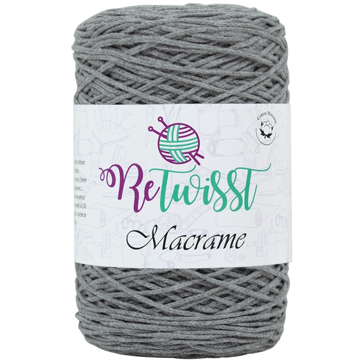 Fir Textil Macrame ReTwist 3 pentru crosetat si tricotat, bumbac, gri, 250 m