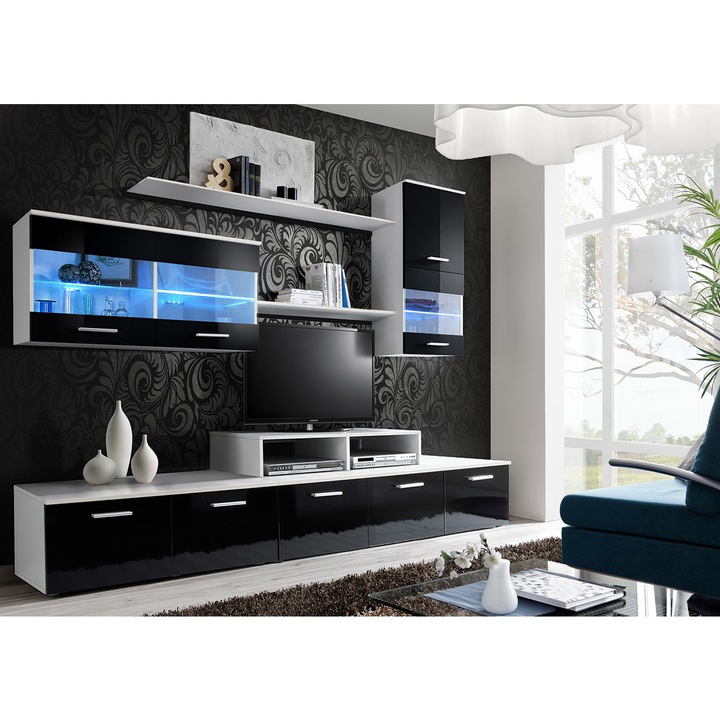 Living Genarom LOGO II 20 WZP L2, Alb/Negru Lucios, 250 x 190 x 45 cm