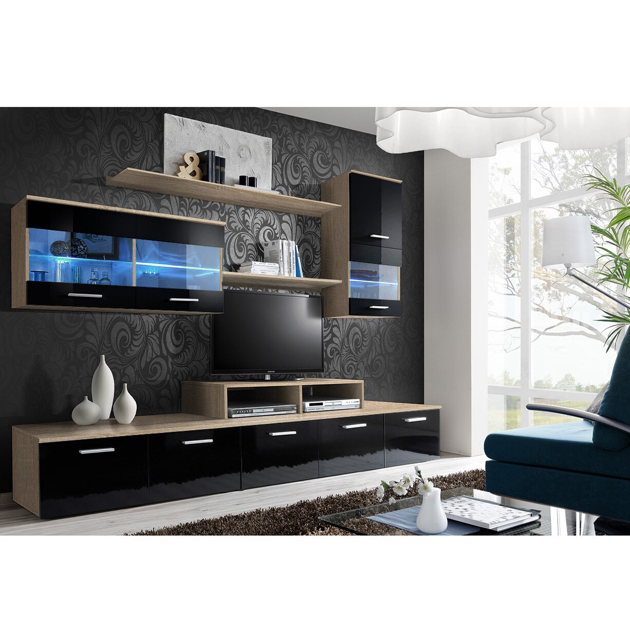 Living Genarom LOGO II 20 DSZP L2, Stejar Sonoma/Negru Lucios, 250 x 190 x 45 cm