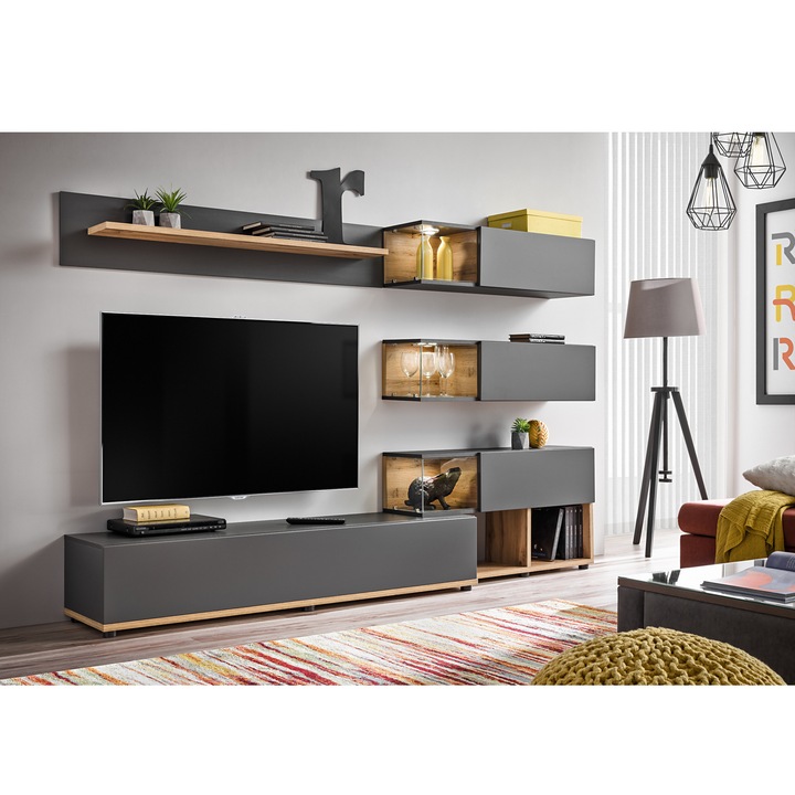 Living Genarom Silk 28 ANWT SK, Antracit/Stejar Wotan, 240 x 150 x 40 cm