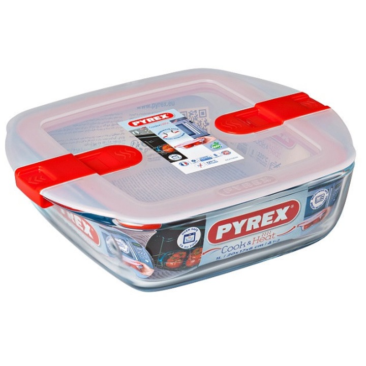 Pyrex Cook & Heat téglalap sütő-hűtő tál műanyag tetővel, 20*17*6 cm, 1 l