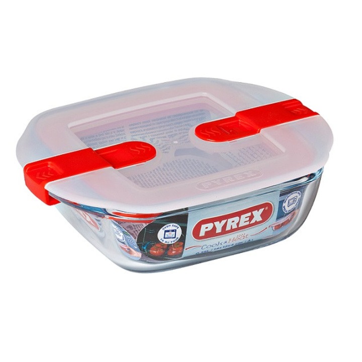 Pyrex Cook & Heat téglalap sütő-hűtő tál műanyag tetővel, 14*12*4 cm, 0,35 l