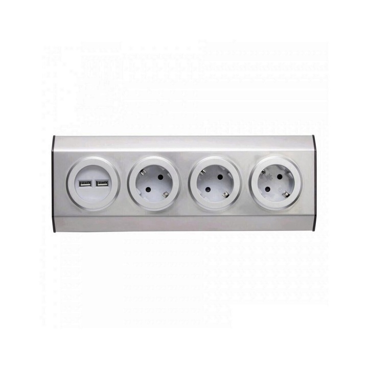 Кухненски удължител Home KNV 03/USB, без кабел, 3 слота, 2 x USB, Неръждаема стомана