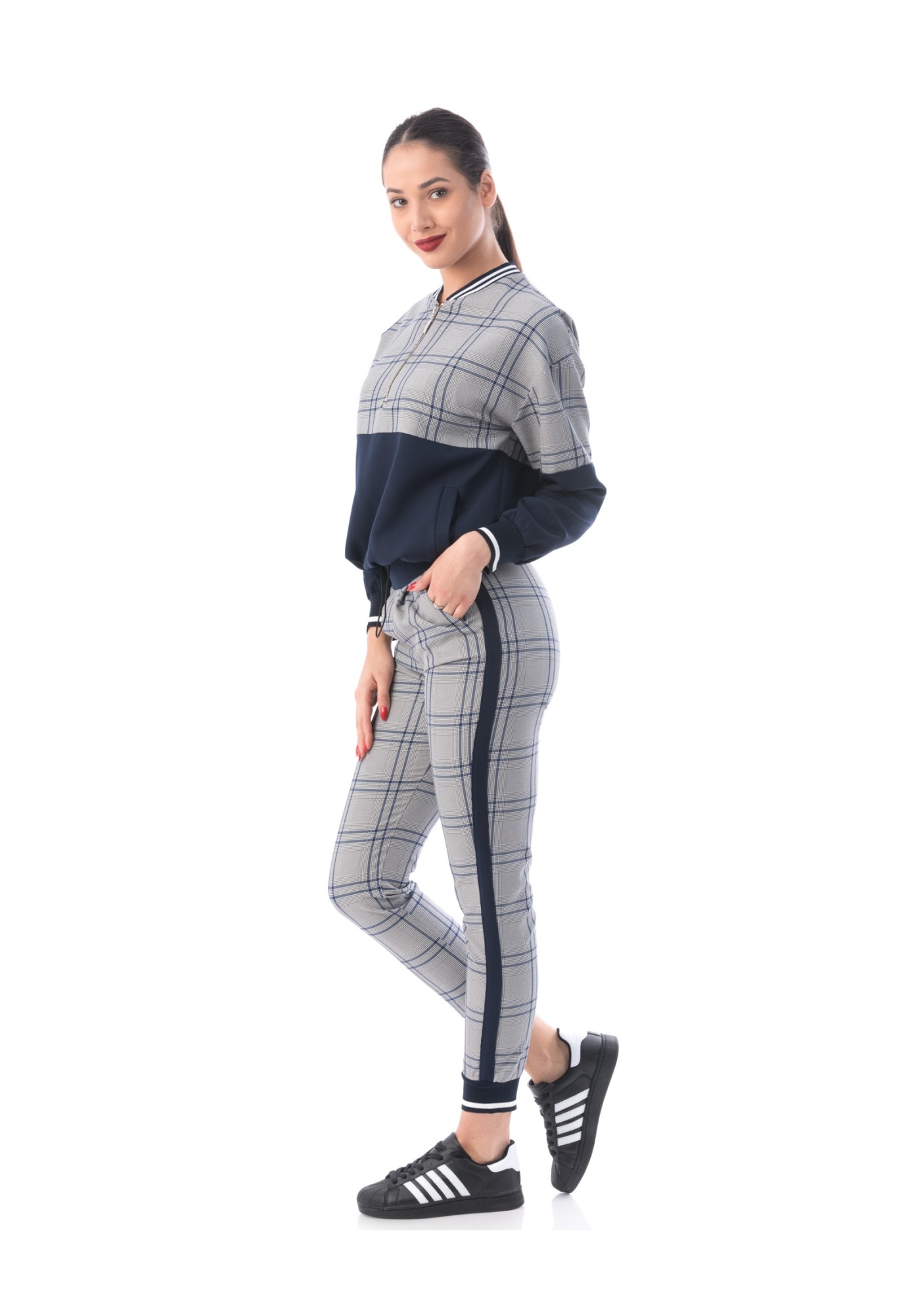 Compleu dama in carouri,material usor, Bleumarin