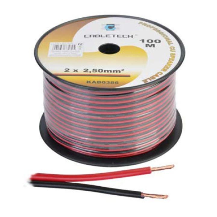 Cabletech réz diffúzor kábel, 2x2,50mm, 100m, piros / fekete