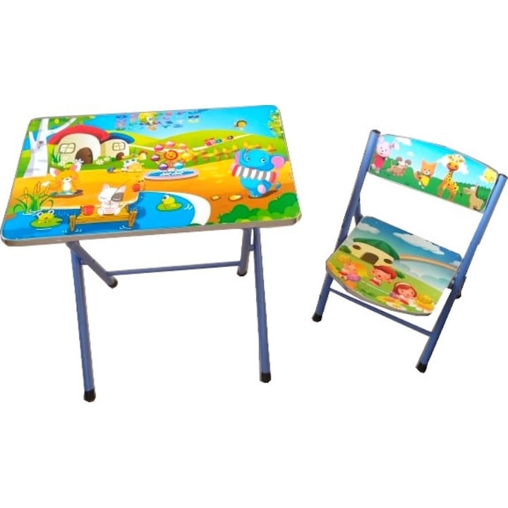 Masuta pliabila pentru copii din MDF Novokids™ My first folding table, cu scaun pliabi, dimensiuni 60X40X56, 2 niveluri de inaltime, suprafata lucioasa, Albastru