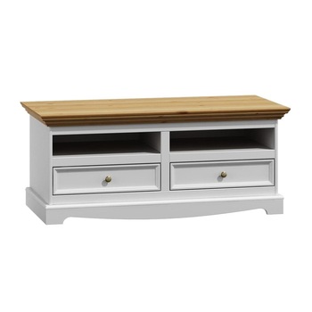 Comoda TV Belluno Ambient alba, cu blat de culoarea stejarului, din lemn masiv de pin cu 2 sertare Comoda TV Belluno Ambient alba, cu blat de culoarea stejarului, din lemn masiv de pin cu 2 sertare