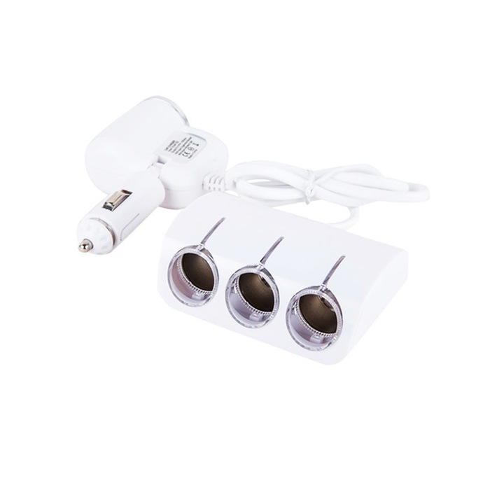 Priza auto cu bricheta Olesson 1528, 1 x USB, 4 iesiri, Alb