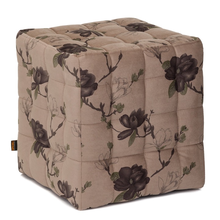 Taburet QMOBILI Bump Cappuccino floral Maro, stofa plusata, tip cub