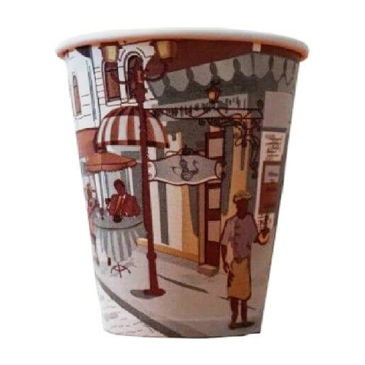 Pahare din Carton 14 Oz Model City Life (400 ml), 50 Buc/Bax - Pahare pentru Bauturi Calde sau Reci, Pahare Vending si TO GO