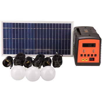 Sistem solar fotovoltaic Evotools 678881, 3 becuri LED x3W, 2xUSB, panou solar 30W, acumulator Li-Ion 11.1V/13Ah Sistem solar fotovoltaic Evotools 678881, 3 becuri LED x3W, 2xUSB, panou solar 30W, acumulator Li-Ion 11.1V/13Ah
