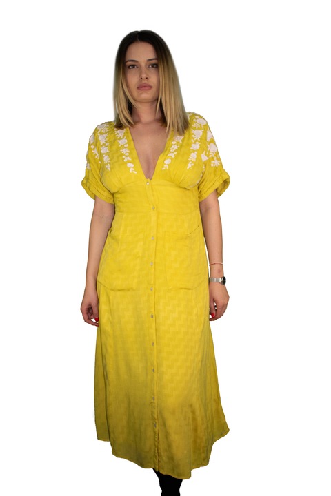 Rochie galbena midi, broderie, masura, Galben