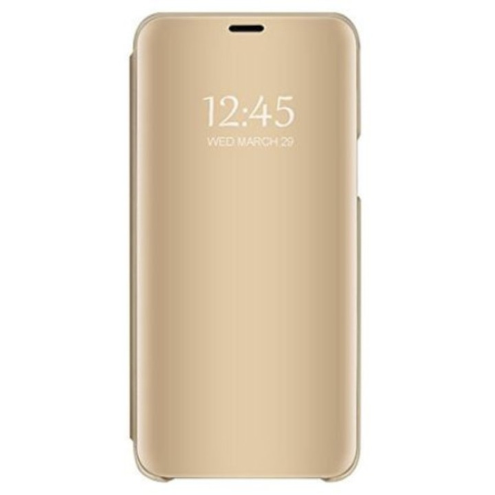 Кейс за Huawei P smart Z, Clear View Flip Mirror Stand, златен