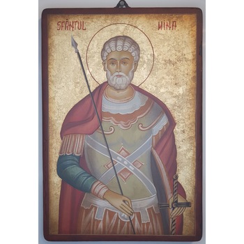 Icoana pictata pe lemn Sf. Mina 4, Artizanat Opait, 44X32cm Icoana pictata pe lemn Sf. Mina 4, Artizanat Opait, 44X32cm