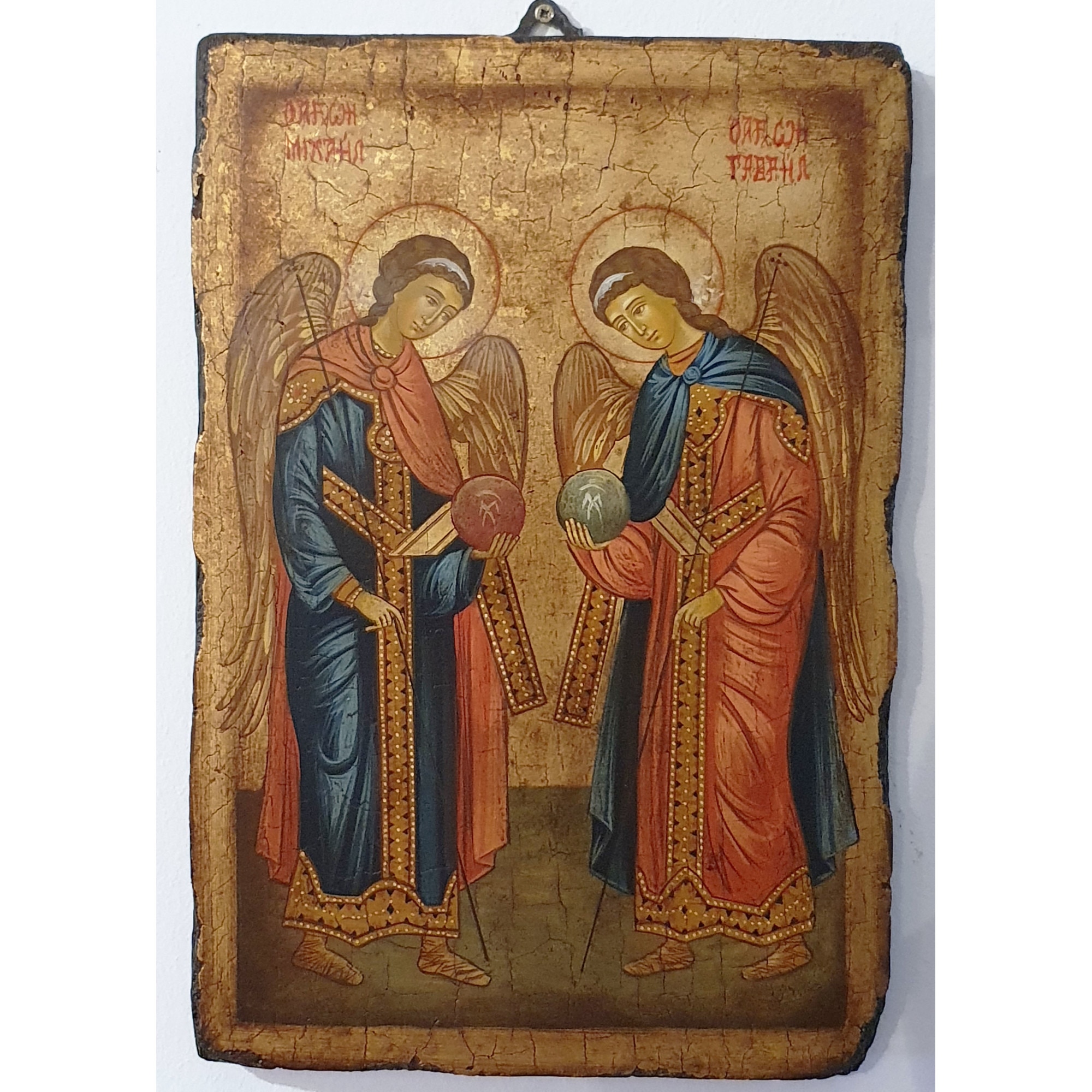 Icoana pictata pe lemn Bizantina Speciala Sf. Arh Mihail si Gavriile, Artizanat Opait, 22X18cm