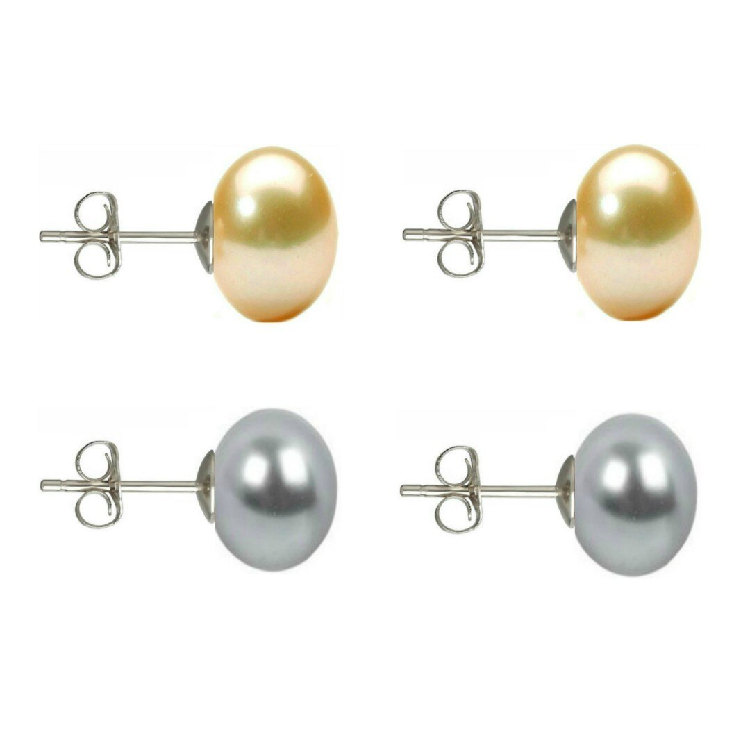 Set Cercei Argint cu Perle Naturale Crem si Gri de 10 mm
