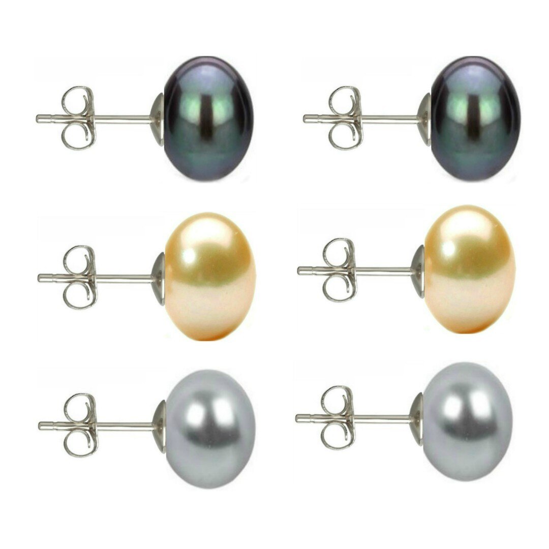 Set Cercei Argint cu Perle Naturale Negre, Crem si Gri de 10 mm