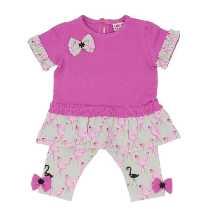 Set tricou si pantaloni trei sferturi, Nicos Kids Fashion, Gri/Fucsia