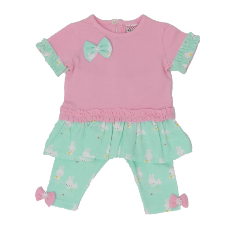 Set tricou si pantaloni trei sferturi, Nicos Kids Fashion, Roz si verde