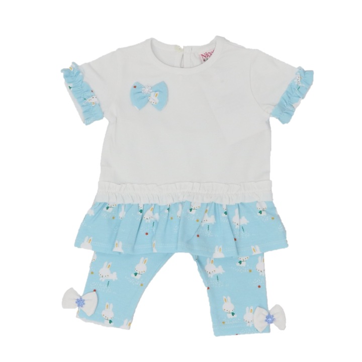 Set tricou si pantaloni trei sferturi, Nicos Kids Fashion, Alb si bleu
