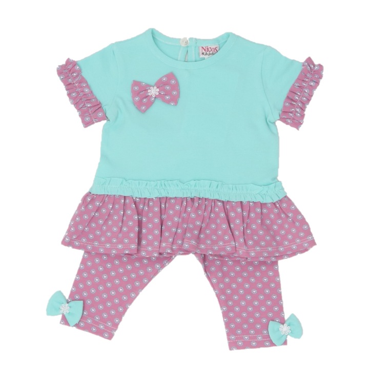 Set tricou si pantaloni trei sferturi, Nicos Kids Fashion, Turcoaz si roz