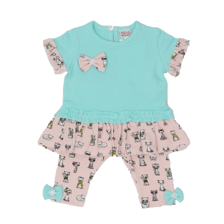 Set tricou si pantaloni trei sferturi, Nicos Kids Fashion, Turoaz si roz, Imprimeu pisici