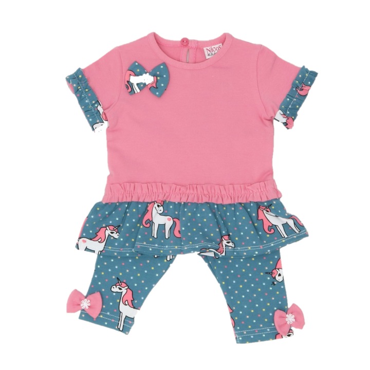 Set tricou si pantaloni trei sferturi, Nicos Kids Fashion, Caramiziu si bleumarin