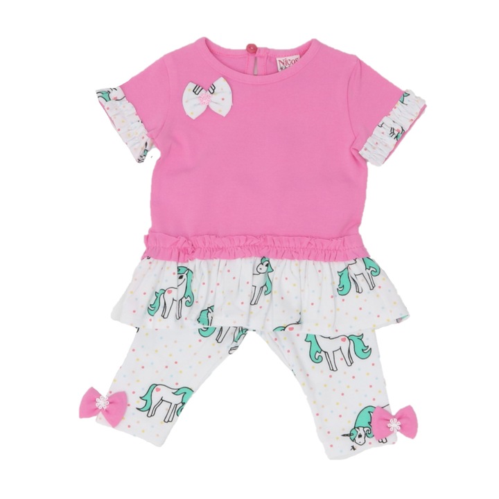 Set tricou si pantaloni trei sferturi, Nicos Kids Fashion, Roz si alb