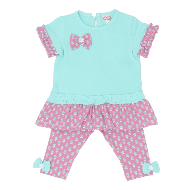 Set tricou si pantaloni trei sferturi, Nicos Kids Fashion,Turcoaz si roz
