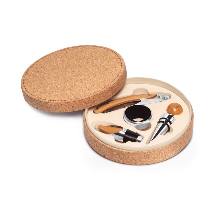 Set 5 accesorii vin, in cutie, Everestus, WE, pluta, natur, saculet de calatorie inclus