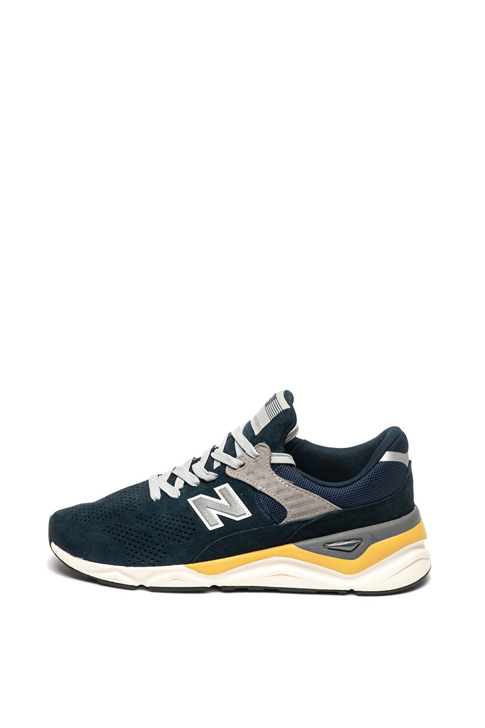 New Balance, Pantofi sport slip-on cu insertii de piele intoarsa X-90, Bleumarin/Gri/Argintiu, 8