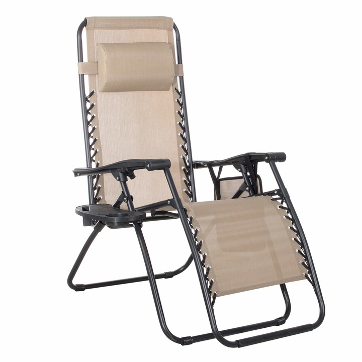 Sezlong scaun pliant plaja sau gradina, Siesta, gravitatie zero, cu tetiera, 175x67x110 cm, taupe