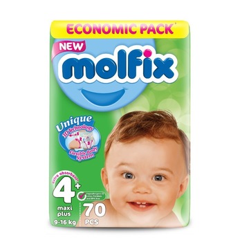 Scutece copii MOLFIX Nr 4+ maxi+ 9-16 kg jumbo pack 70 buc Scutece copii MOLFIX Nr 4+ maxi+ 9-16 kg jumbo pack 70 buc