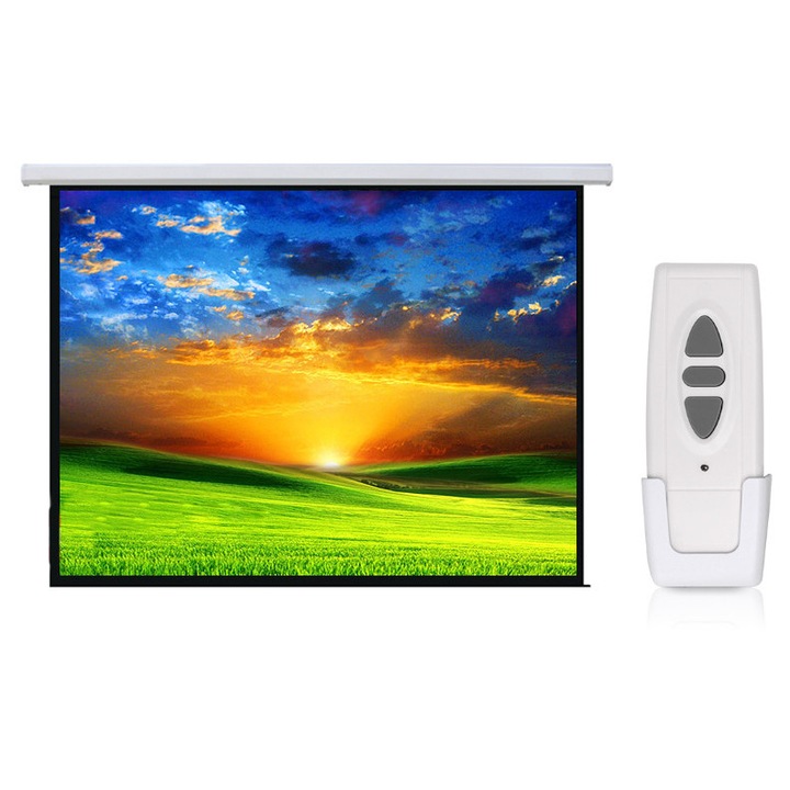 Ecran de proiectie electric Maclean MC-552 150'' 300x220 cm, perete/tavan, Matt White, home cinema, prezentari, conferinte, telecomanda radio, margine neagra, functionare silentioasa